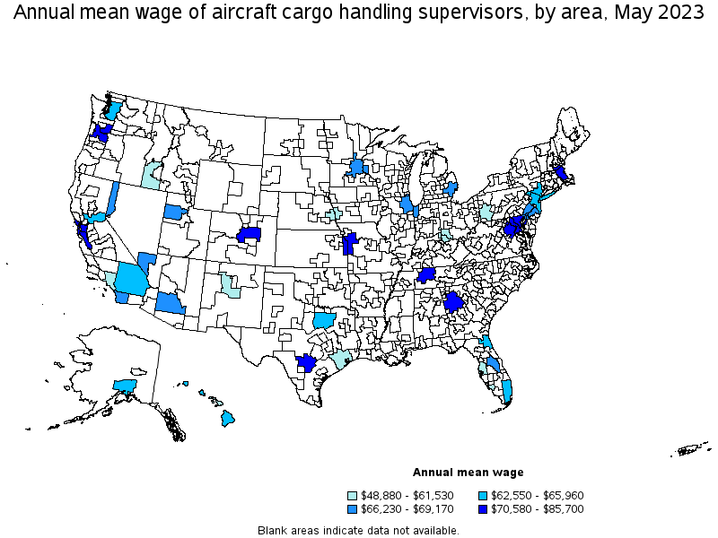 Map of annual mean wages of aircraft cargo handling supervisors by area, May 2023