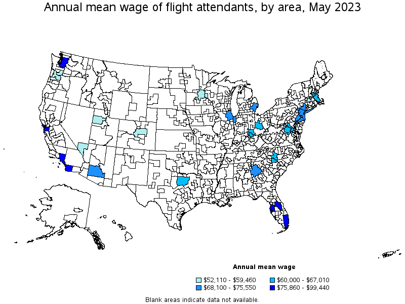 Map of annual mean wages of flight attendants by area, May 2023