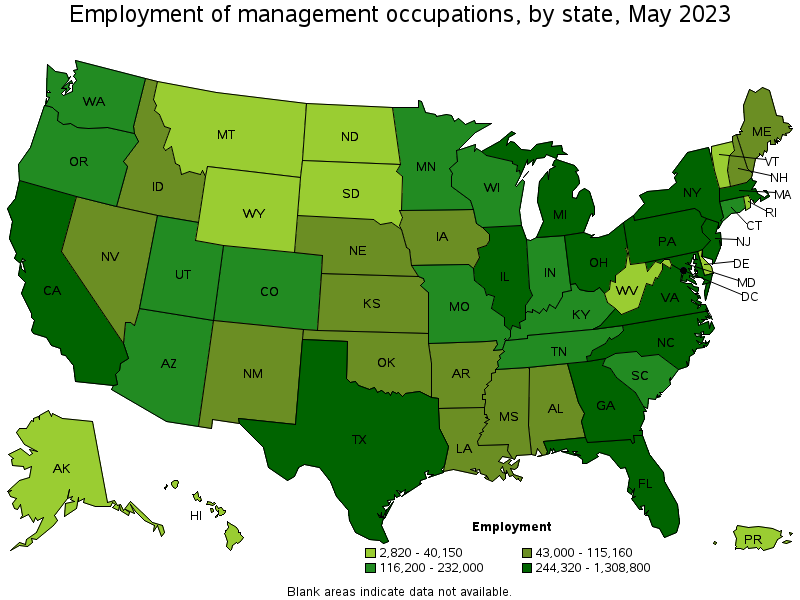 Map of employment of management occupations by state, May 2023