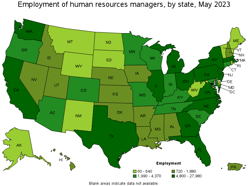 Map of employment of human resources managers by state, May 2023