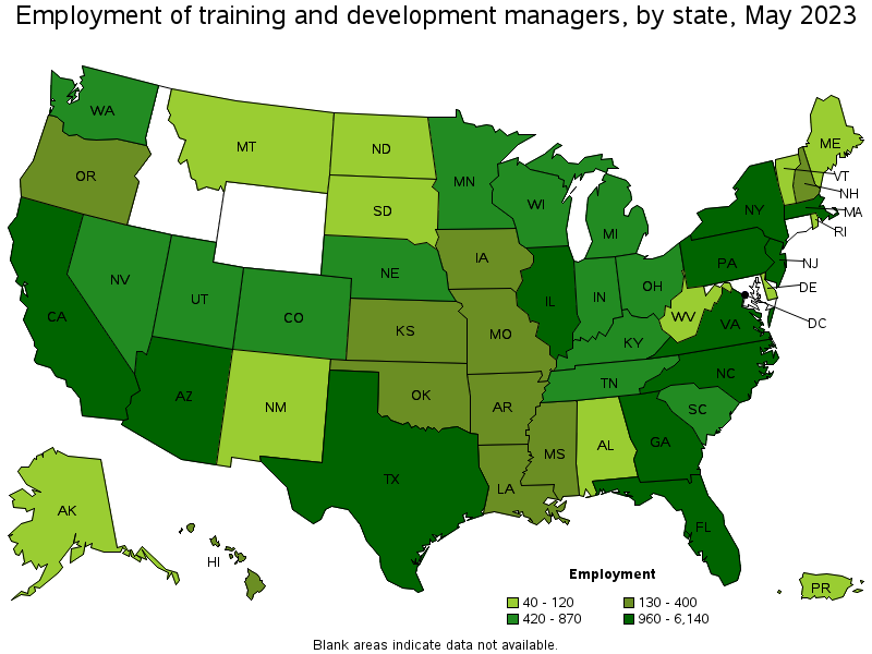 Map of employment of training and development managers by state, May 2023