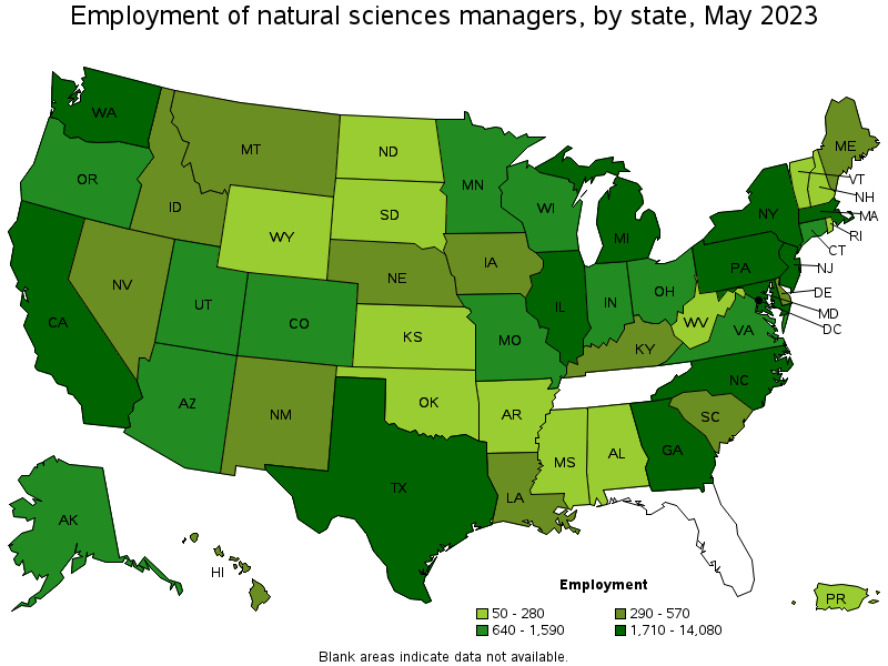 Map of employment of natural sciences managers by state, May 2023