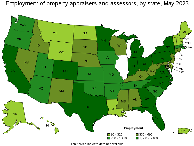 Map of employment of property appraisers and assessors by state, May 2023