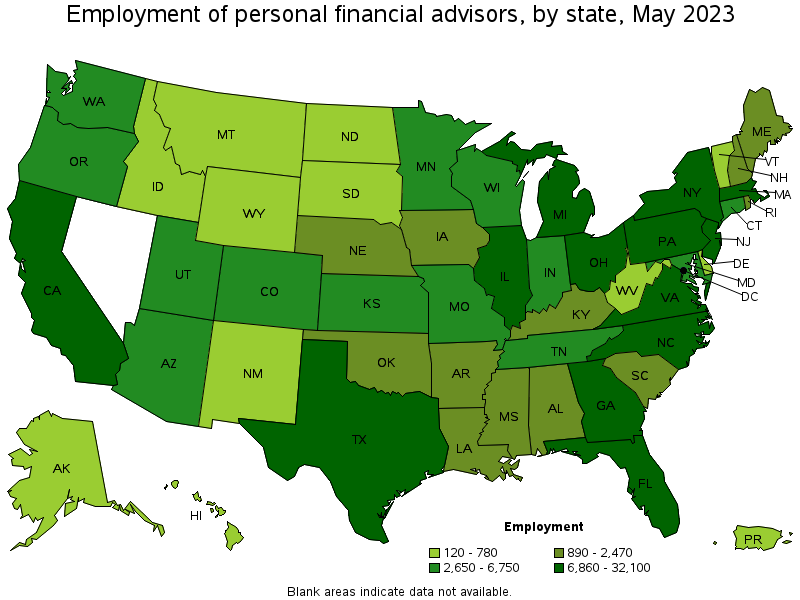 Map of employment of personal financial advisors by state, May 2023