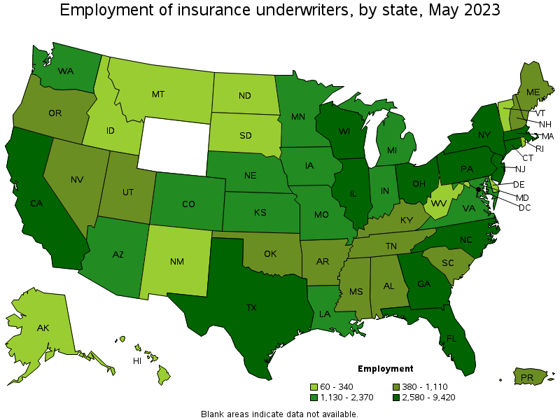 Map of employment of insurance underwriters by state, May 2023