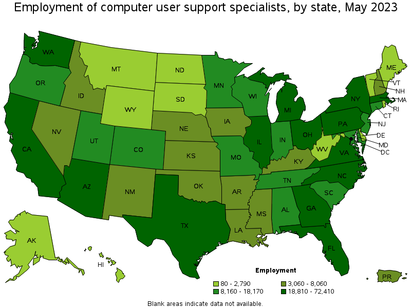 Map of employment of computer user support specialists by state, May 2023