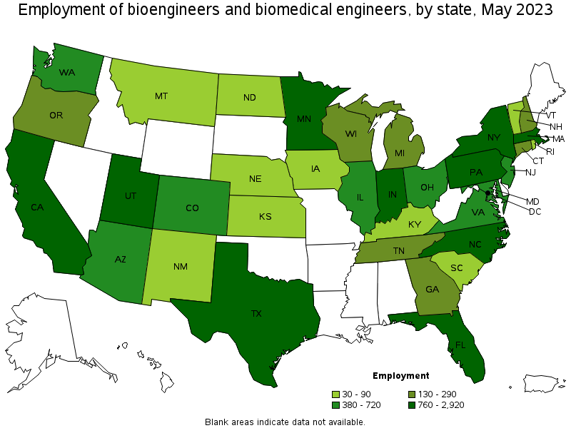 Map of employment of bioengineers and biomedical engineers by state, May 2023
