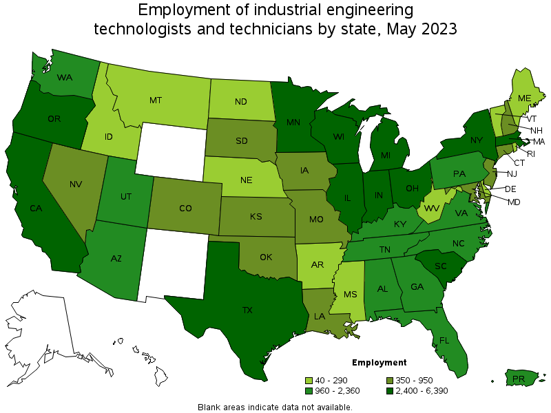 Map of employment of industrial engineering technologists and technicians by state, May 2023