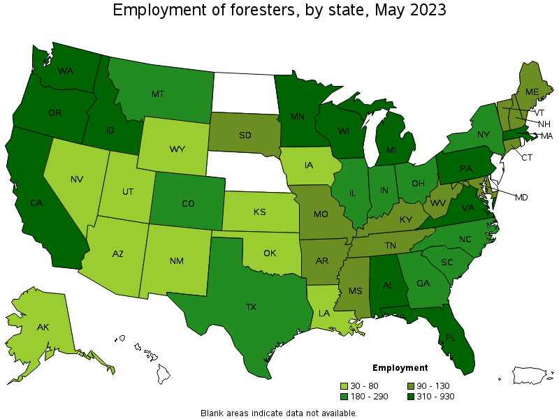 Map of employment of foresters by state, May 2023