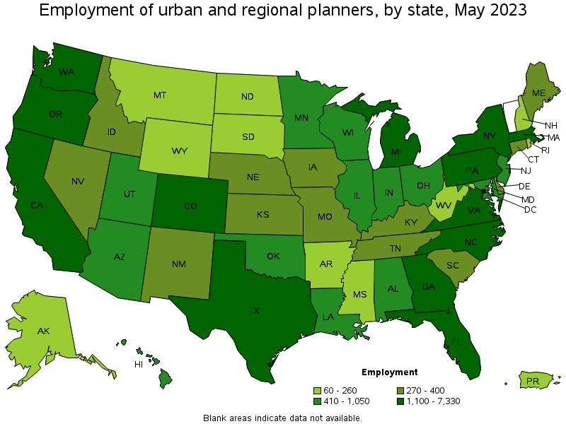 Map of employment of urban and regional planners by state, May 2023