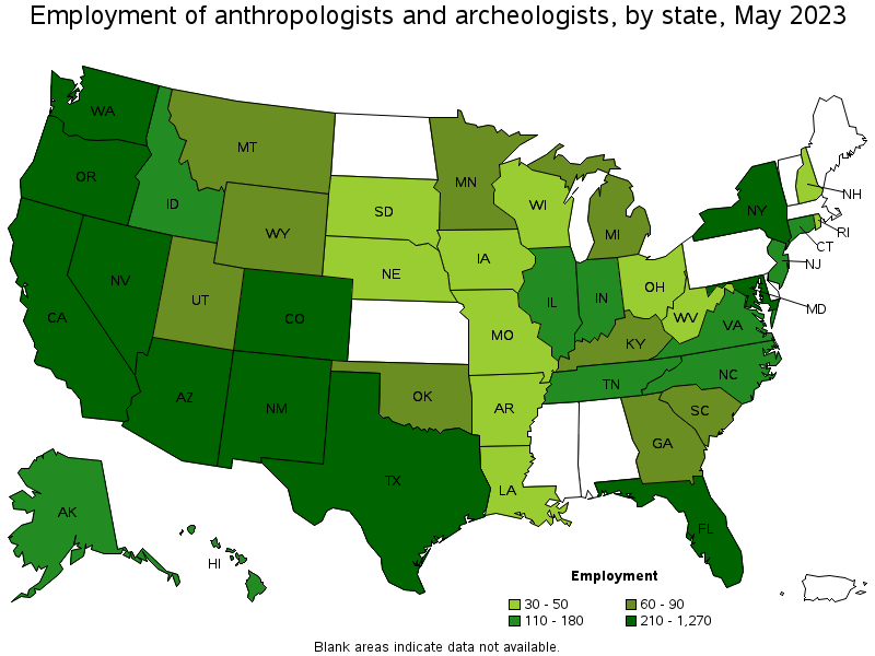 Map of employment of anthropologists and archeologists by state, May 2023