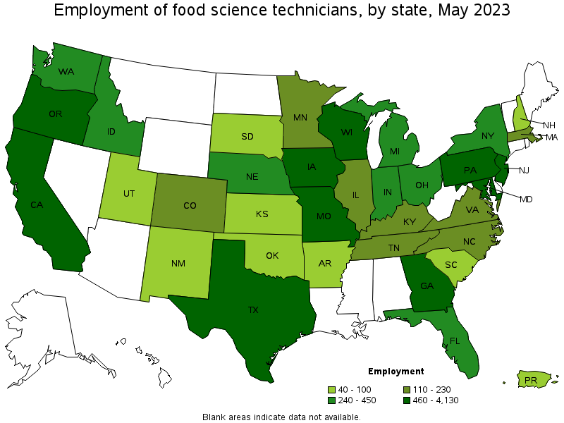 Map of employment of food science technicians by state, May 2023
