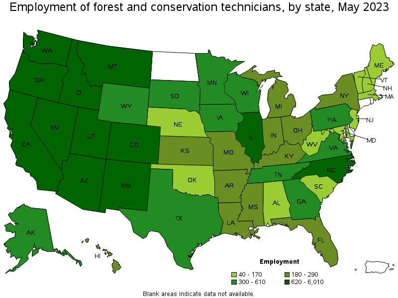 Map of employment of forest and conservation technicians by state, May 2023