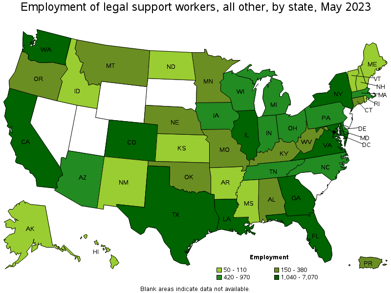 Map of employment of legal support workers, all other by state, May 2023