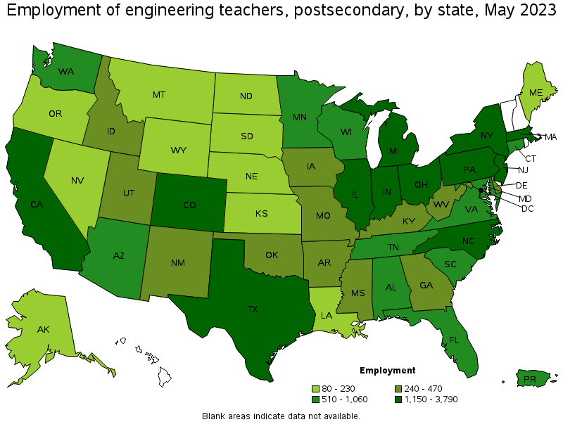 Map of employment of engineering teachers, postsecondary by state, May 2023