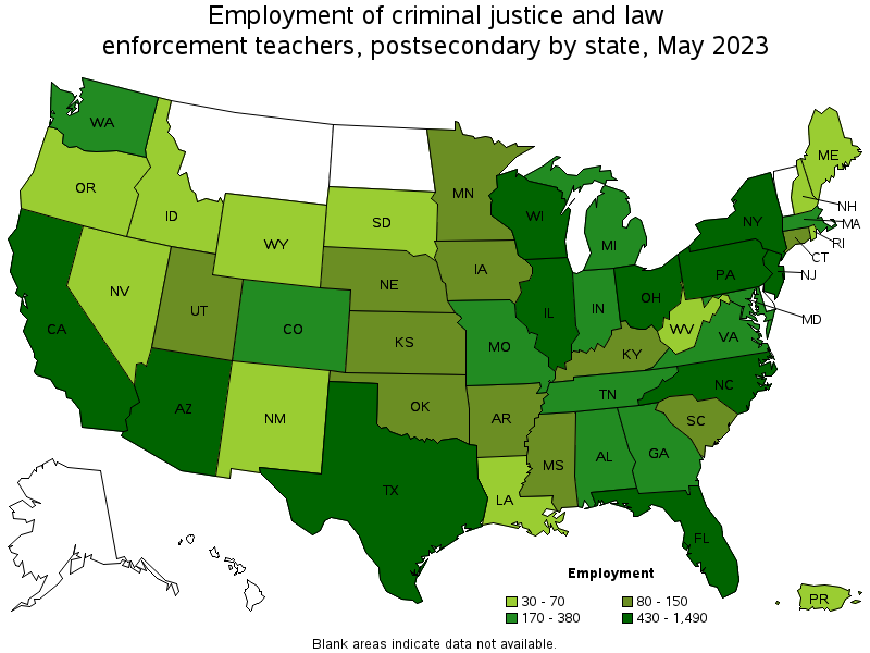 Map of employment of criminal justice and law enforcement teachers, postsecondary by state, May 2023