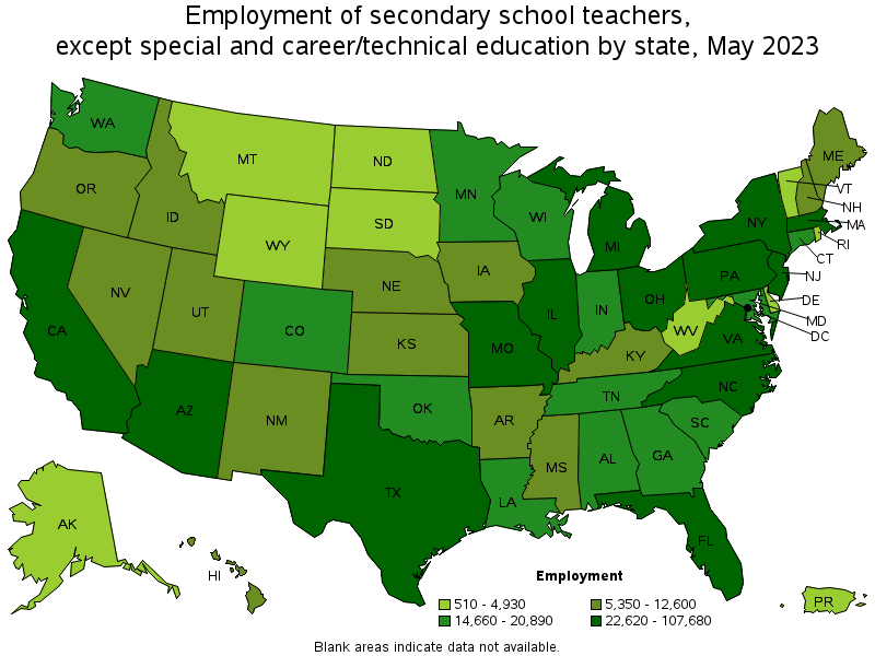 Map of employment of secondary school teachers, except special and career/technical education by state, May 2023