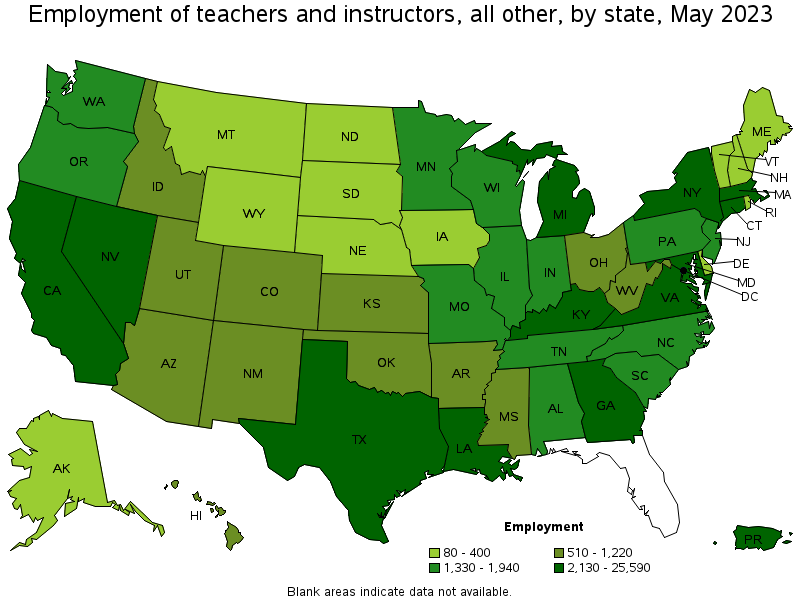 Map of employment of teachers and instructors, all other by state, May 2023