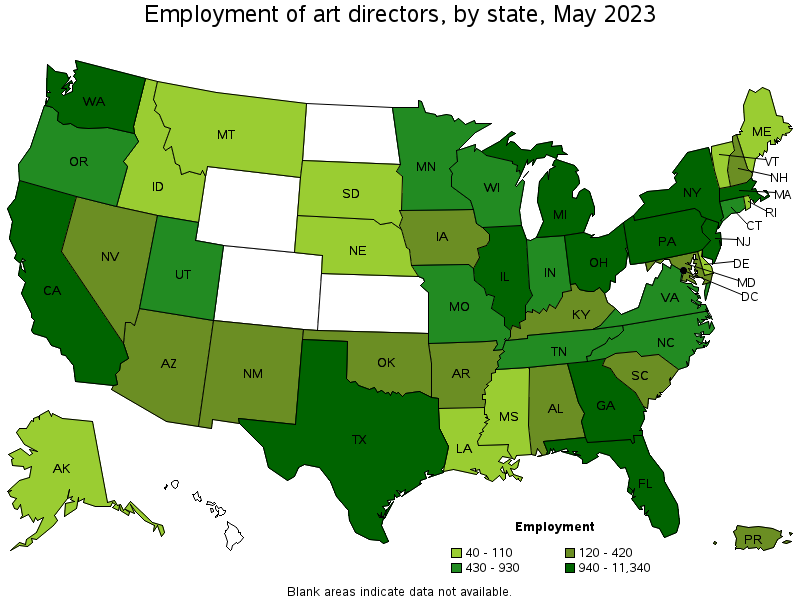 Map of employment of art directors by state, May 2023
