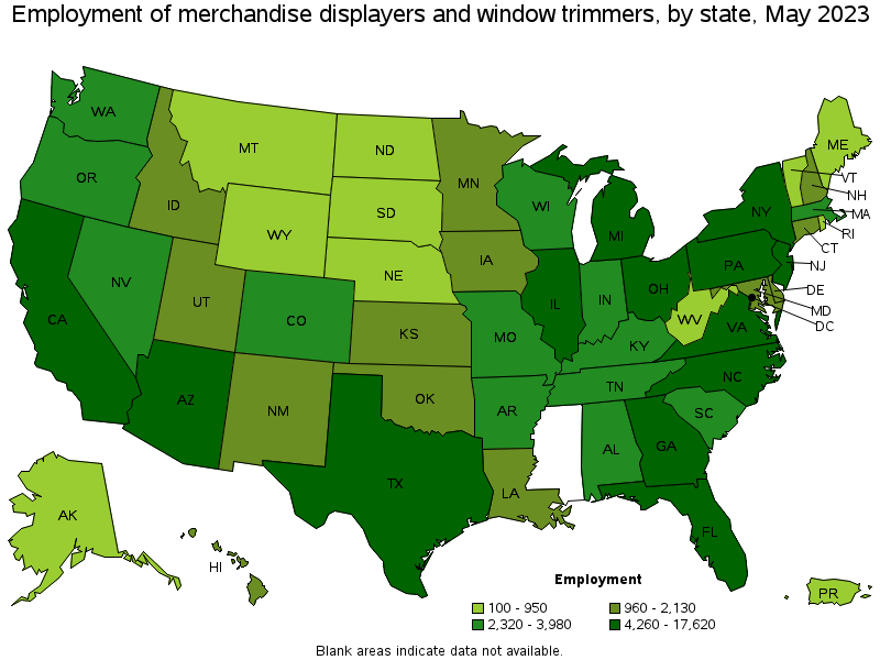 Map of employment of merchandise displayers and window trimmers by state, May 2023
