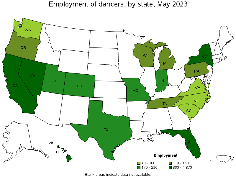 Map of employment of dancers by state, May 2023
