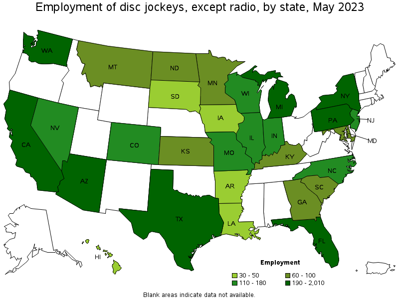 Map of employment of disc jockeys, except radio by state, May 2023