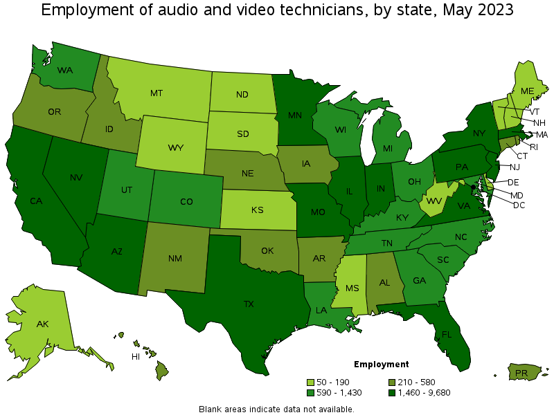 Map of employment of audio and video technicians by state, May 2023