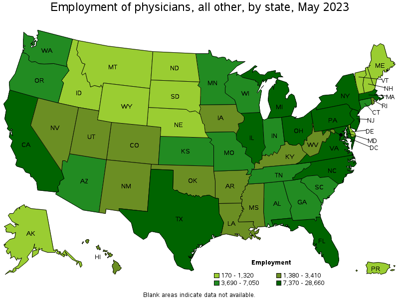 Map of employment of physicians, all other by state, May 2023