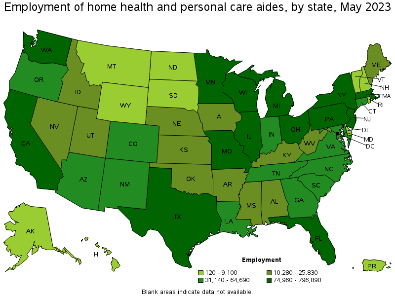 Map of employment of home health and personal care aides by state, May 2023
