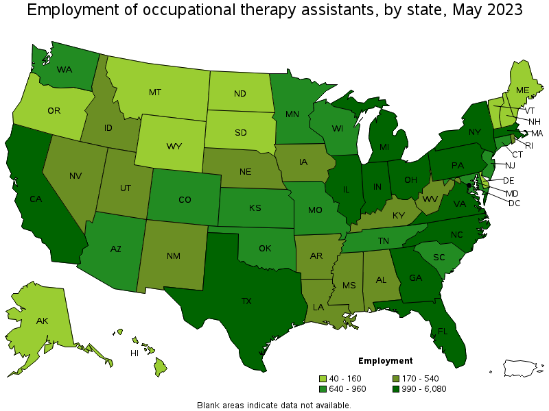 Map of employment of occupational therapy assistants by state, May 2023