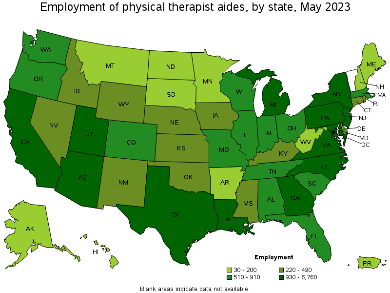 Map of employment of physical therapist aides by state, May 2023
