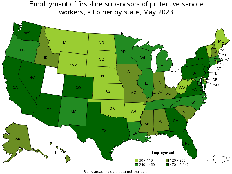 Map of employment of first-line supervisors of protective service workers, all other by state, May 2023