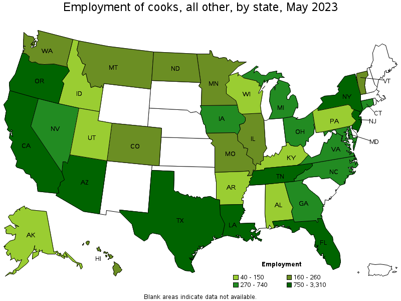 Map of employment of cooks, all other by state, May 2023