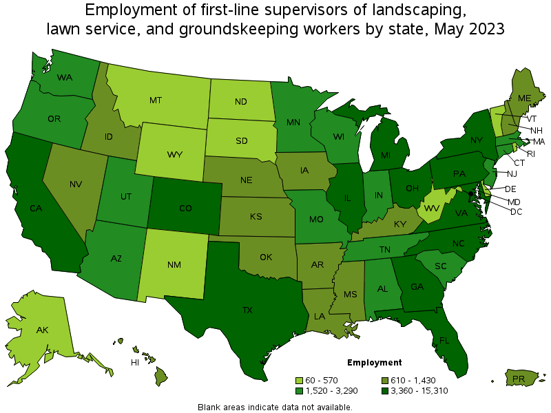 Map of employment of first-line supervisors of landscaping, lawn service, and groundskeeping workers by state, May 2023