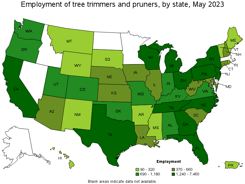 Map of employment of tree trimmers and pruners by state, May 2023