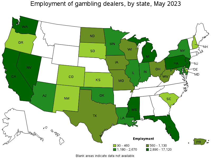 Map of employment of gambling dealers by state, May 2023