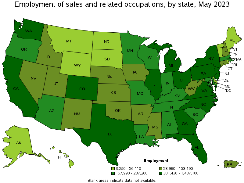 Map of employment of sales and related occupations by state, May 2023