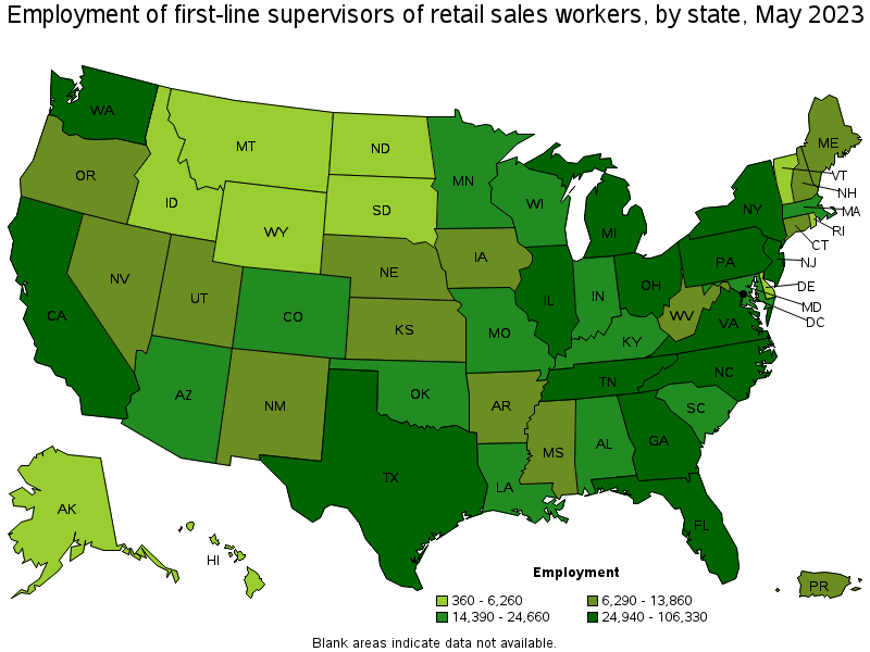 Map of employment of first-line supervisors of retail sales workers by state, May 2023