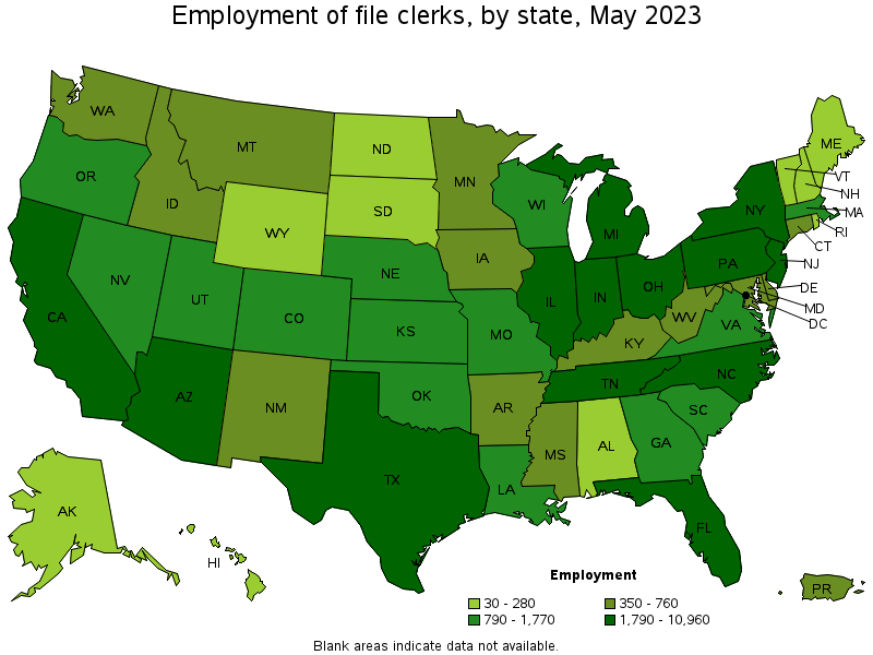Map of employment of file clerks by state, May 2023