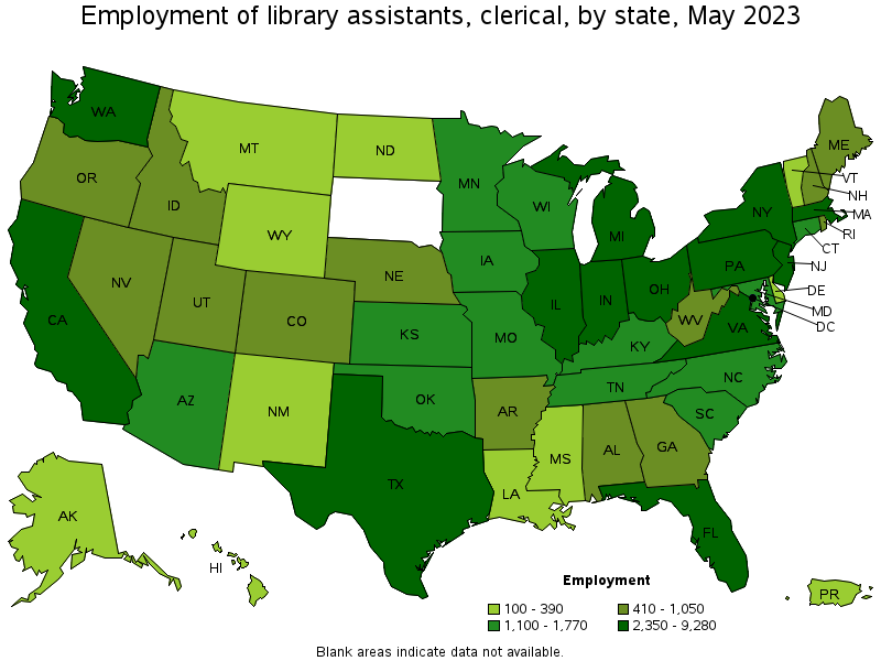 Map of employment of library assistants, clerical by state, May 2023