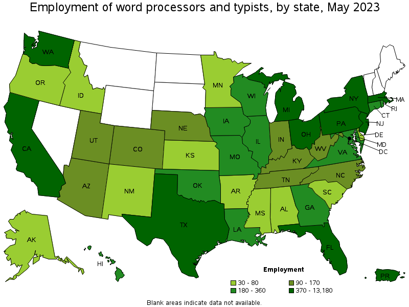 Map of employment of word processors and typists by state, May 2023