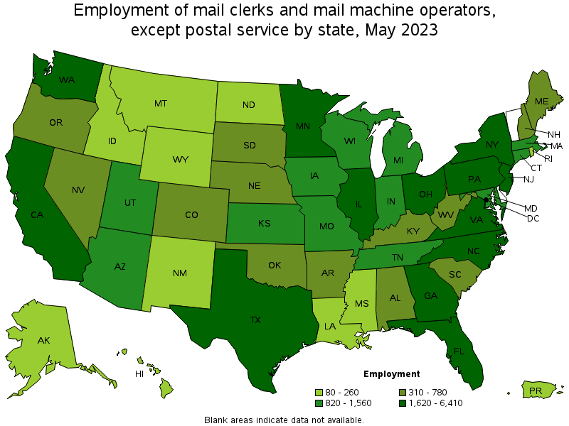 Map of employment of mail clerks and mail machine operators, except postal service by state, May 2023
