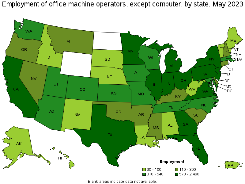 Map of employment of office machine operators, except computer by state, May 2023