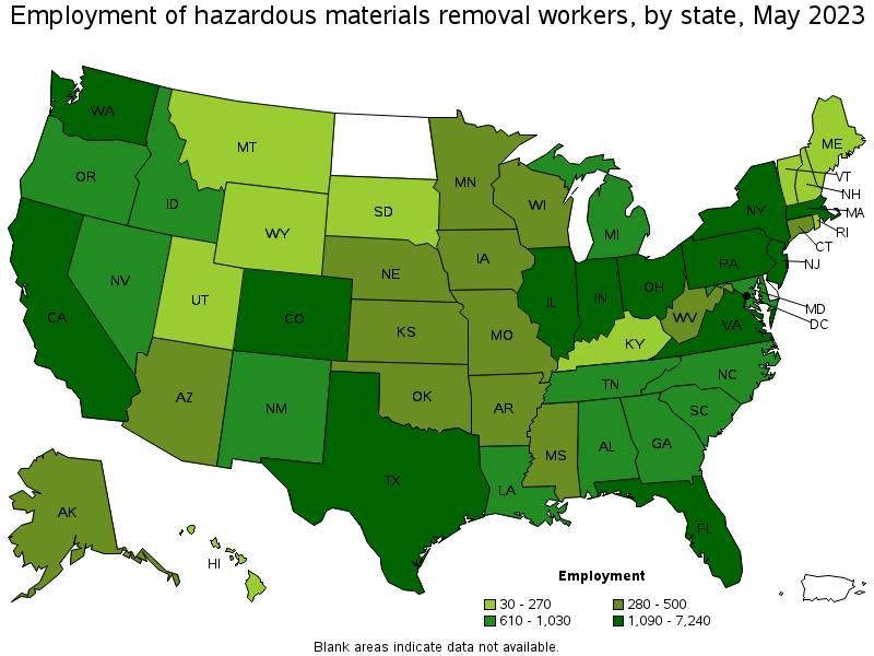 Map of employment of hazardous materials removal workers by state, May 2023