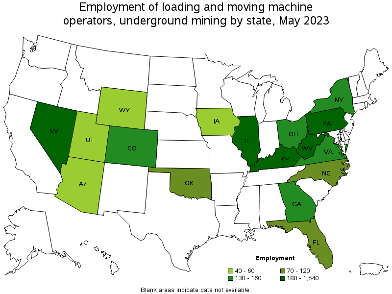 Map of employment of loading and moving machine operators, underground mining by state, May 2023