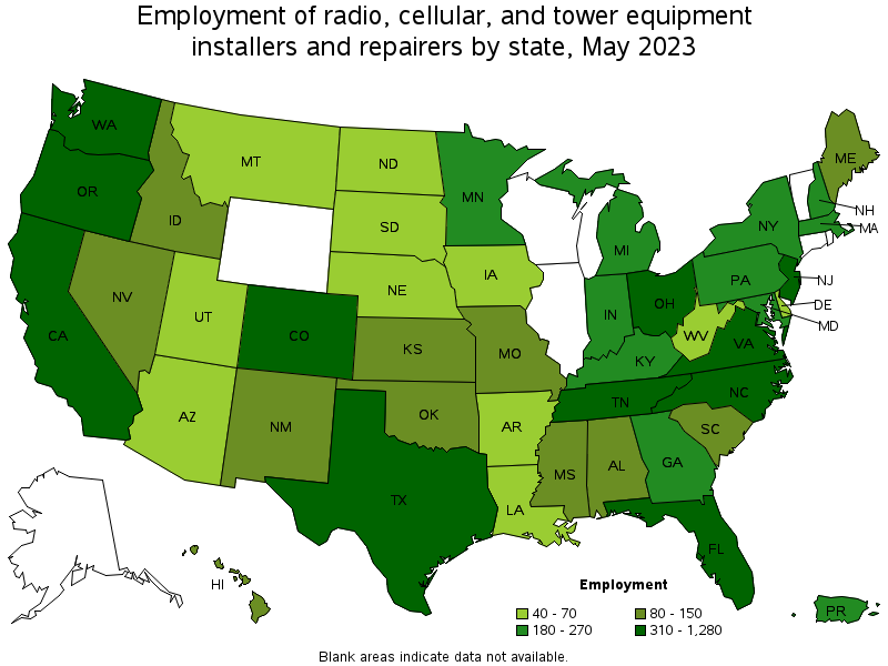 Map of employment of radio, cellular, and tower equipment installers and repairers by state, May 2023