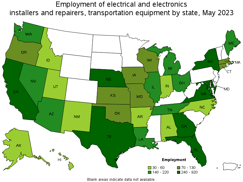 Map of employment of electrical and electronics installers and repairers, transportation equipment by state, May 2023