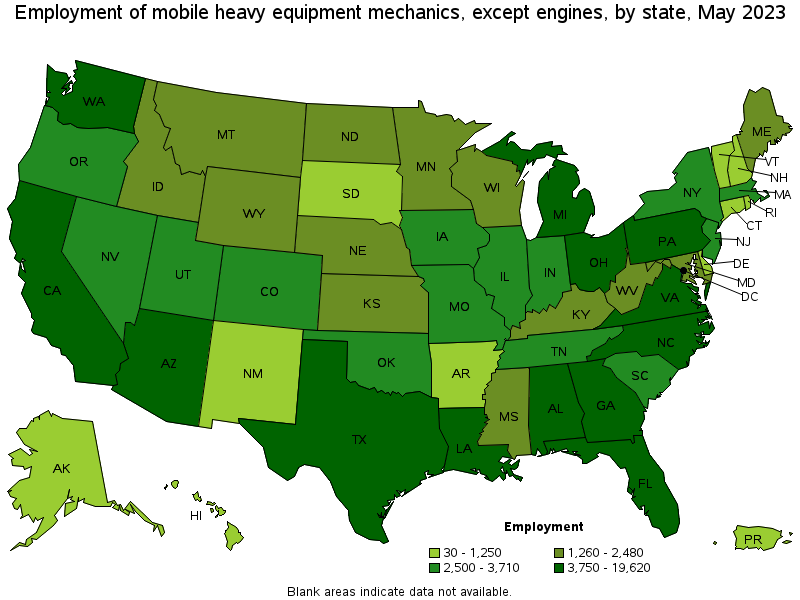 Map of employment of mobile heavy equipment mechanics, except engines by state, May 2023