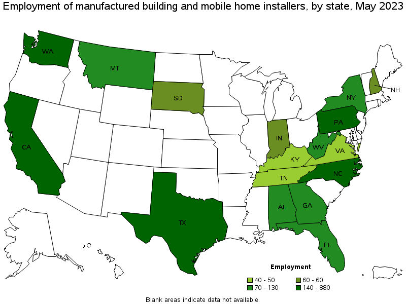 Map of employment of manufactured building and mobile home installers by state, May 2023