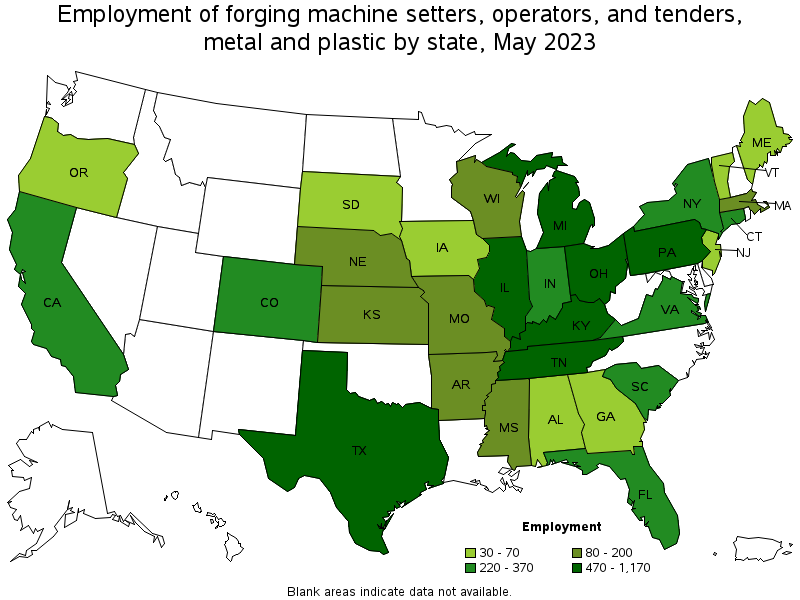 Map of employment of forging machine setters, operators, and tenders, metal and plastic by state, May 2023